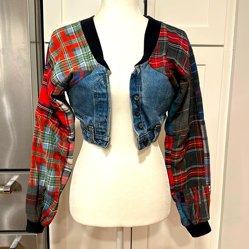 Vintage Recycled Levi’s Jean and Plaid Flannel Crop Jacket
